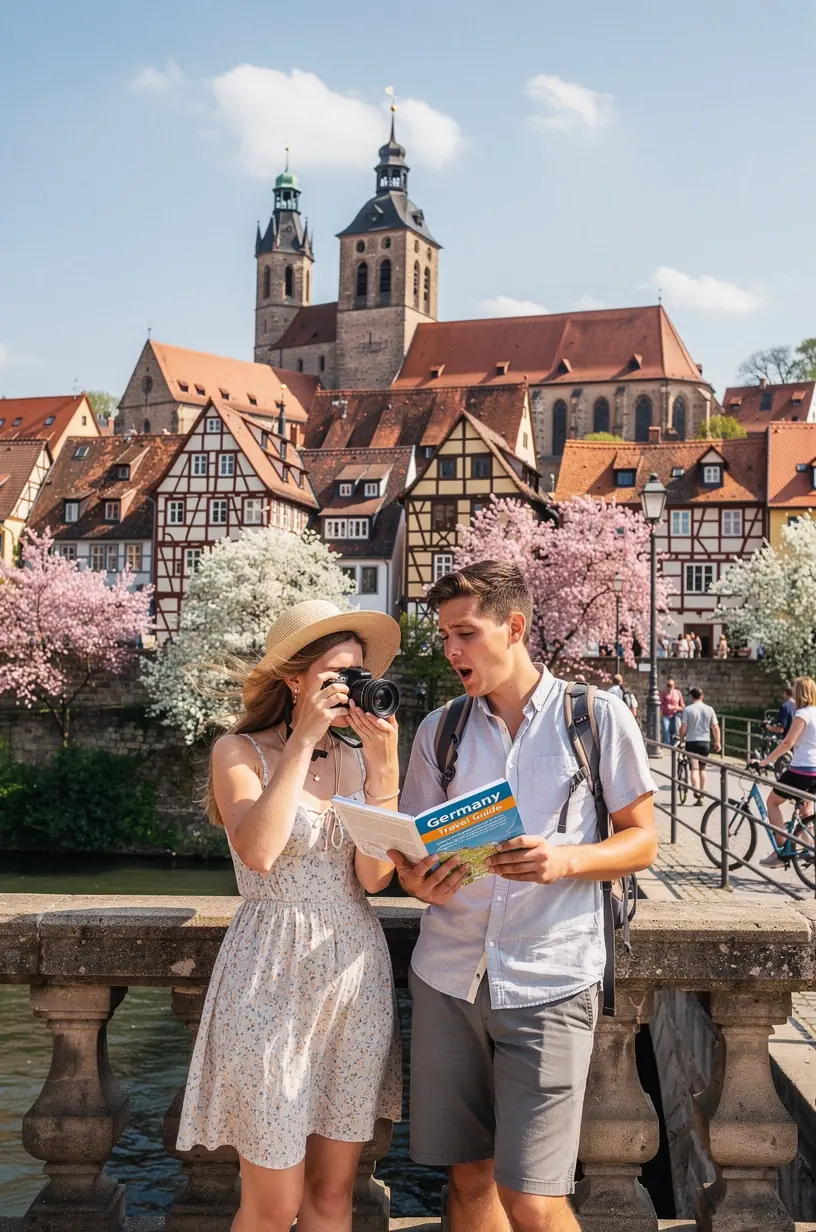 Panoramaansicht eines Schlossparks mit gepflegten Gärten und historischen Denkmälern in Deutschland.