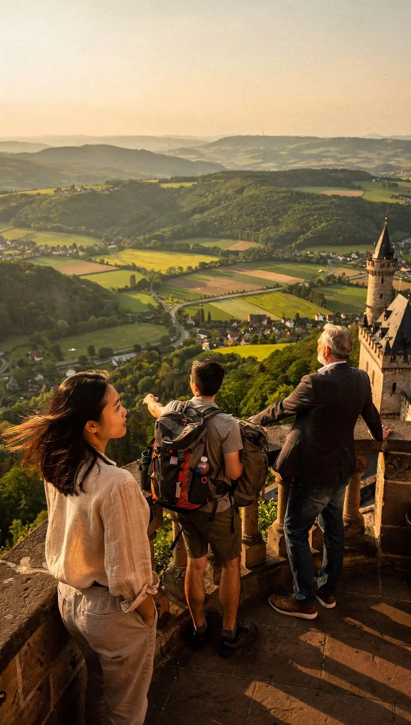 Reiseleiter erklärt einer Gruppe die historischen Hintergründe eines bedeutenden deutschen Kulturerbes.