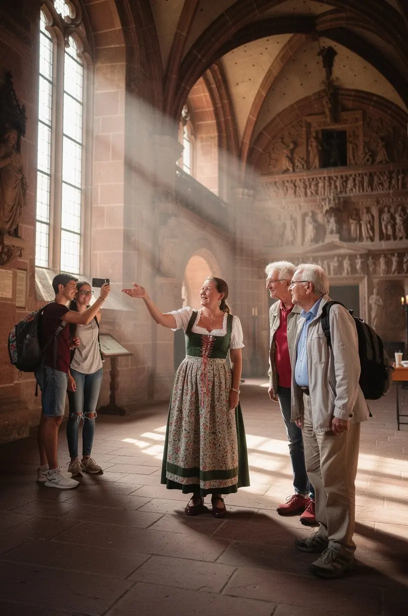 Geführte Tourgruppe erkundet ein deutsches Schloss während einer mehrtägigen kulturellen Reise.